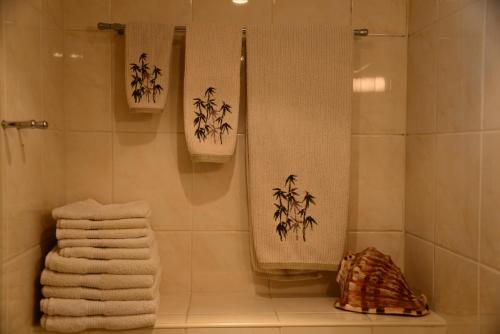 y baño con toallas blancas y ducha. en It tunhuske en Renkum