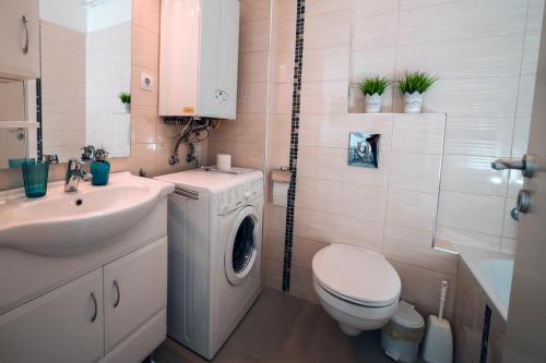 a bathroom with a washing machine and a sink at Rose Gold Wellness Apartman in Siófok