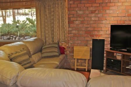 a living room with a couch and a television at Flagstaff Chalet in Flagstaff