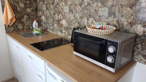 un bancone da cucina con un microonde e un lavandino di Klaipeda Akro Studio a Klaipėda