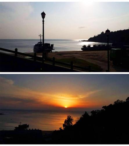 two pictures of a sunset on the beach at GOD’S Queen Esther in Nangan