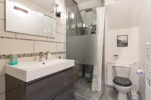 een witte badkamer met een wastafel en een toilet bij Duplex in Saint-Malo