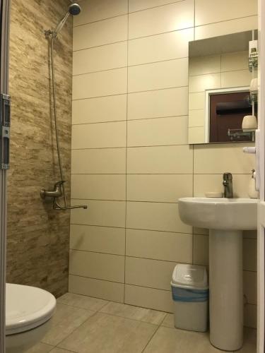 a bathroom with a toilet and a sink and a shower at Hotel Terrace Rabath in Akhaltsikhe