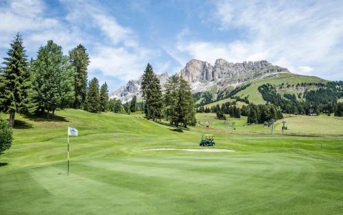 a green golf course with mountains in the background at Hotel Alpenrose in Carezza al Lago