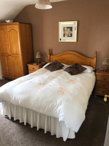 een slaapkamer met een groot wit bed met 2 kussens bij The Harbour Inn B&B Larne in Larne