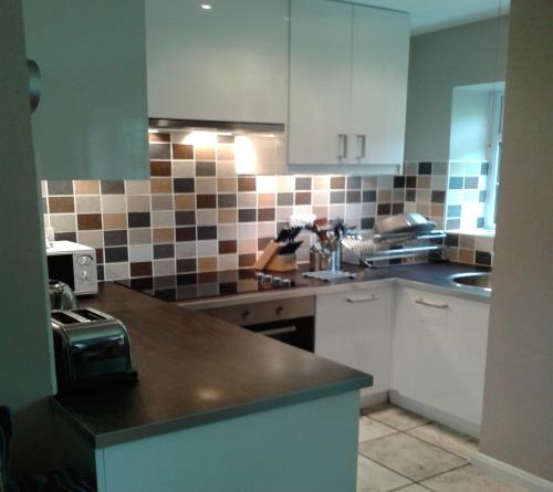 a kitchen with a sink and a counter top at Railway Cottage in Cardiff