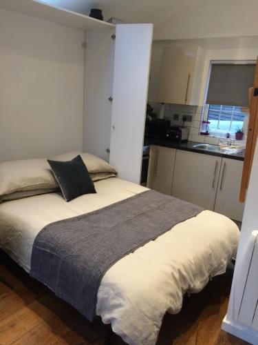 een slaapkamer met een bed en een keuken bij The Cwtch in Cardiff