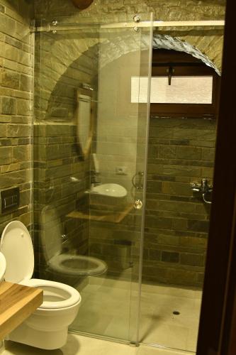 a glass shower in a bathroom with a toilet at Hotel Restaurant Emblema in Petrelë