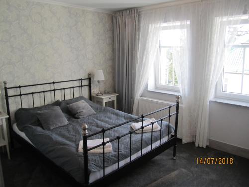 a bedroom with a bed and two windows at Villa Shafaly in Mariánské Lázně