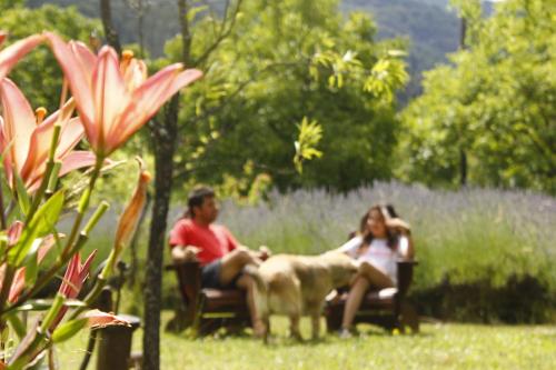 a man and a woman sitting in chairs with a dog at Huala Hosteria in Lago Puelo