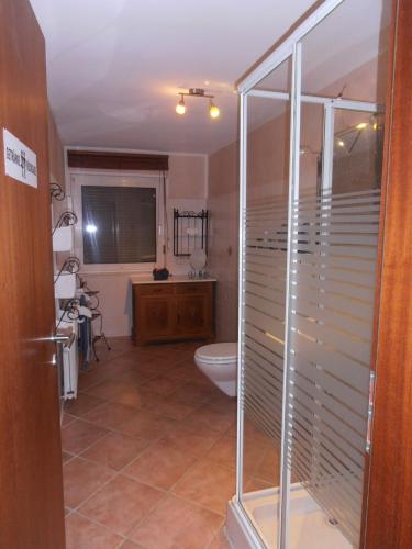 ein Badezimmer mit einem WC und einer Glasduschkabine in der Unterkunft Hohensteinblick in Hessisch Oldendorf