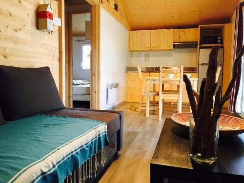 ein Zimmer mit einem Sofa und einem Tisch sowie einer Küche in der Unterkunft Camping Aux Couleurs du ferret in Lège-Cap-Ferret
