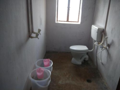 a bathroom with a toilet and two buckets at Green Peace Bheemeshwari in Halgūr