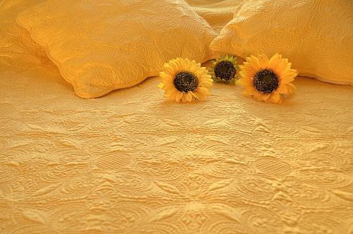 three yellow flowers sitting on top of a bed at Quinta Campo Bravo in Oliveira do Hospital