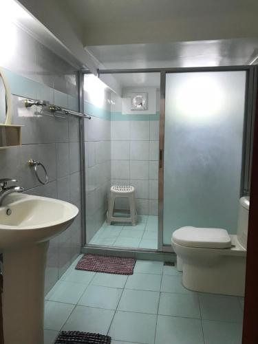 a bathroom with a shower and a toilet and a sink at Casa Arrieta Hostel in Dumaguete