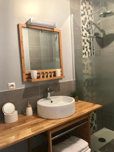 une salle de bain avec un lavabo et un miroir dans l'établissement La Bulle de Champagne, à Épernay