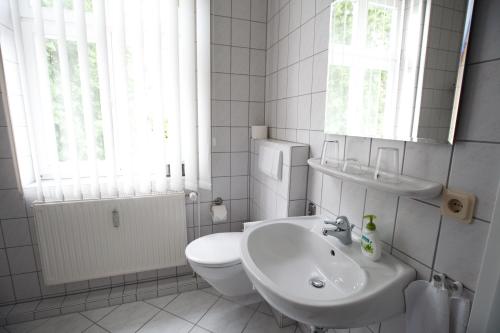 a white bathroom with a toilet and a sink at Landhotel Zum Pottkuchen in Kalbe