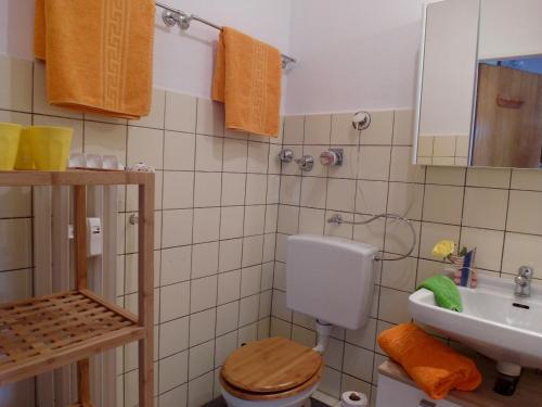 een badkamer met een toilet en een wastafel bij Sympathisches Retro Apartment in Offenbach