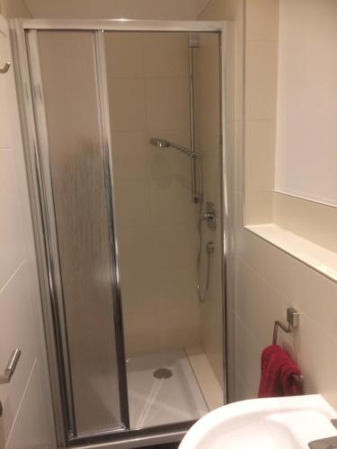 um chuveiro com uma porta de vidro na casa de banho em Eisenach - Apartments em Eisenach