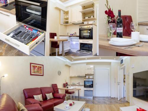 a collage of photos of a kitchen and a living room at Apartman Boska Lux in Subotica