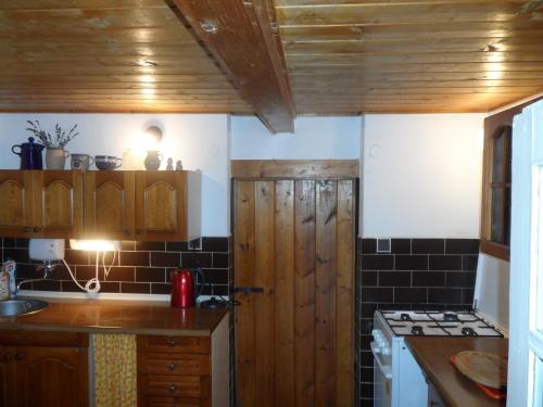 a kitchen with wooden cabinets and a counter top at Stylová chalupa na kraji národního parku Šumava in Strunkov