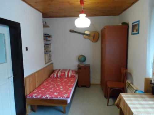 ein Zimmer mit einem Sofa und einer Gitarre an der Wand in der Unterkunft Stylová chalupa na kraji národního parku Šumava in Strunkov