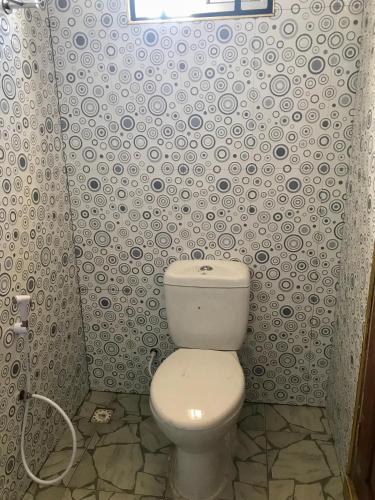 a bathroom with a white toilet in a shower at Chibuba Airport Accommodation in Dar es Salaam