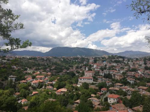 vistas a una ciudad con montañas en el fondo en Turgut Reis Konak, en Safranbolu