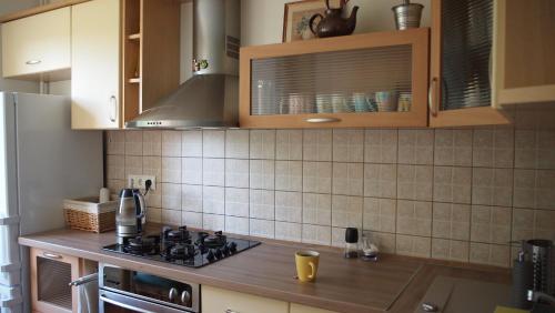 a kitchen with wooden cabinets and a stove top oven at Cozy apartment in Trakai in Trakai