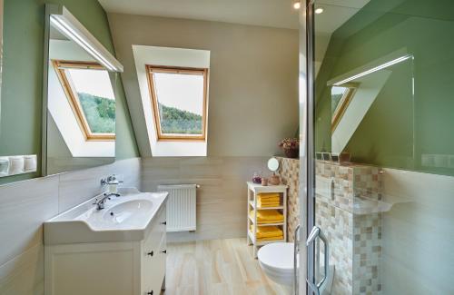 a bathroom with a sink and a shower at Sad nad Klingerom in Banská Štiavnica