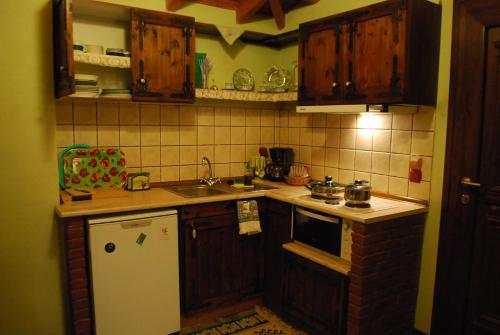a small kitchen with a sink and a refrigerator at Tzivaeri in Likodhrómion