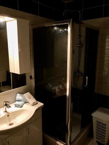 a bathroom with a shower and a sink and a sink at Mundial Apartments in Njivice