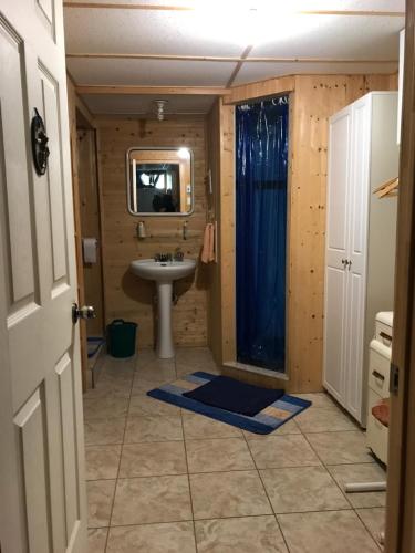 ein Badezimmer mit einem Waschbecken, einem WC und einem Spiegel in der Unterkunft Le Gîte du Pêcheur in Metabetchouan