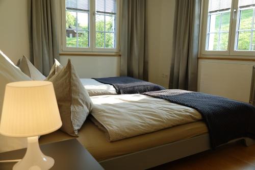 1 dormitorio con 2 camas, lámpara y ventanas en Haus zur Rose, St.Gallen, Bodensee, Säntis en Speicher