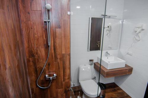 a bathroom with a shower and a toilet and a sink at Hotel Tela & Mareli Winery in Tʼelavi