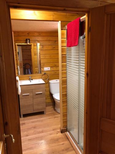 een badkamer met een toilet, een wastafel en een douche bij CABAÑAS LAGO DE SANABRIA in Vigo de Sanabria