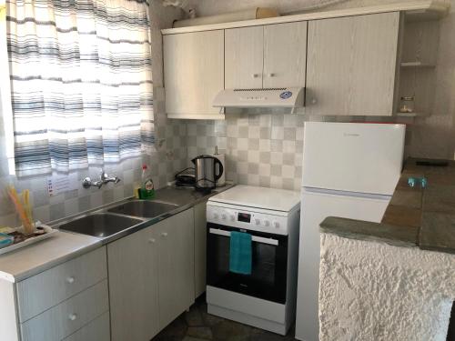 a kitchen with a sink and a white refrigerator at Phoenix Beachside Condos in Kokóni