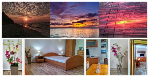 a collage of four pictures of a sunset at Domek nad morzem Wisełka in Wisełka