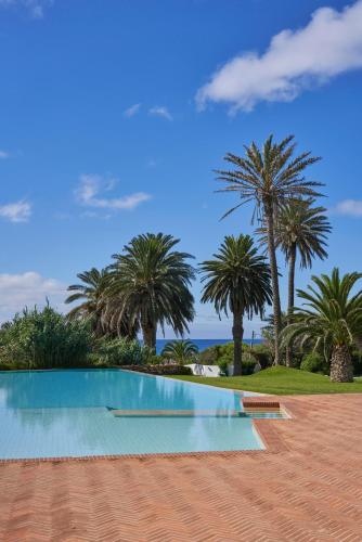 a swimming pool with palm trees in the background at Hotel Porto Santo & Spa in Porto Santo
