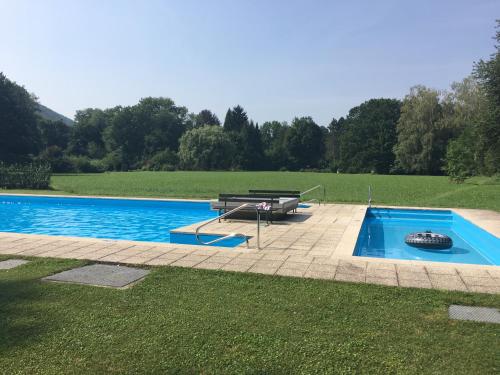 een zwembad met een picknicktafel en een vuurplaats bij Schlosspark Bungalow in Seebenstein