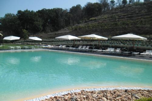 einen Pool mit Stühlen und Sonnenschirmen in einem Resort in der Unterkunft Agriturismo San Martino in Pozzuoli