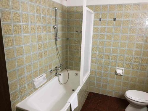 a bathroom with a tub and a toilet and a sink at ACAMPORA CIRO Appartamento Privato Club Primula in Pescasseroli