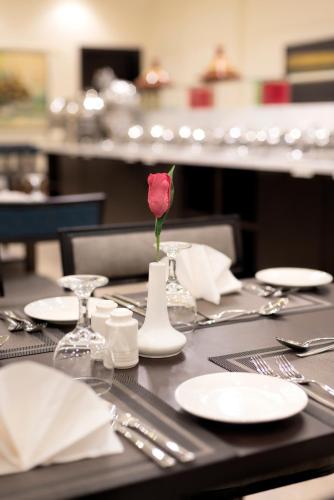 a red rose in a white vase on a table at Al Joud Hotel Makkah in Makkah