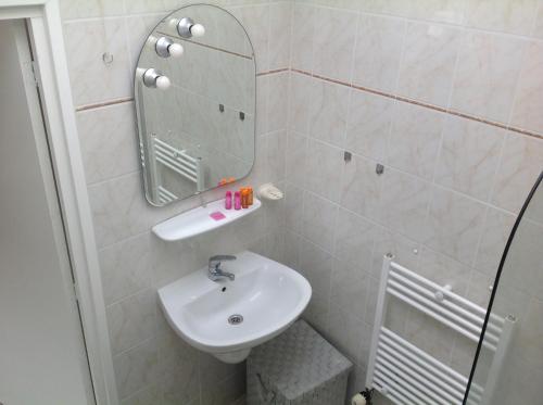 een badkamer met een wastafel en een spiegel bij Apartment at the Beach in Noordwijk