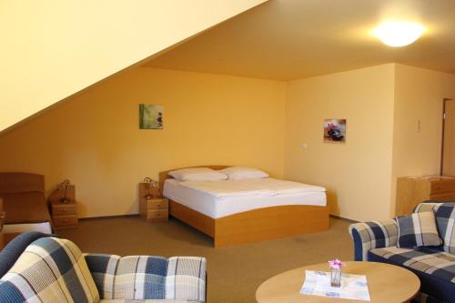 Habitación de hotel con 1 cama y 2 sillas en Motel U Krbu en Vestec