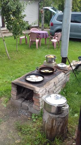 a outdoor grill with pots and pans on a log at Česlovos sodyba in Zarasai