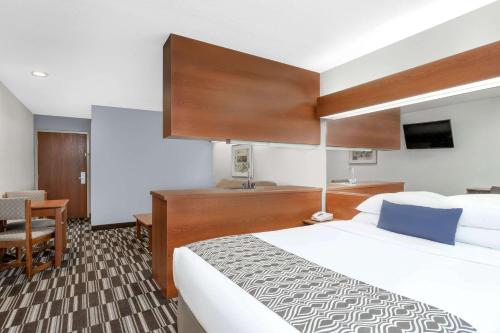 um quarto de hotel com uma cama grande e um lavatório em Microtel Inn & Suites by Wyndham Bremen em Bremen