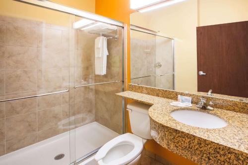 a bathroom with a toilet and a shower and a sink at Microtel Inn by Wyndham Stillwater in Stillwater