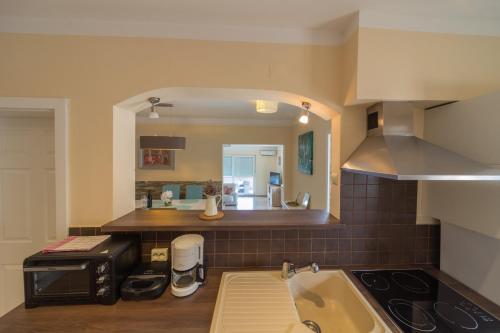 a kitchen with a sink and a counter with a mirror at Apartments Melanie in Opatija