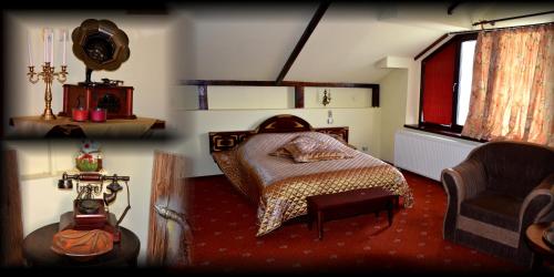a bedroom with a bed and a chair at Pension Kokett in Cîmpulung